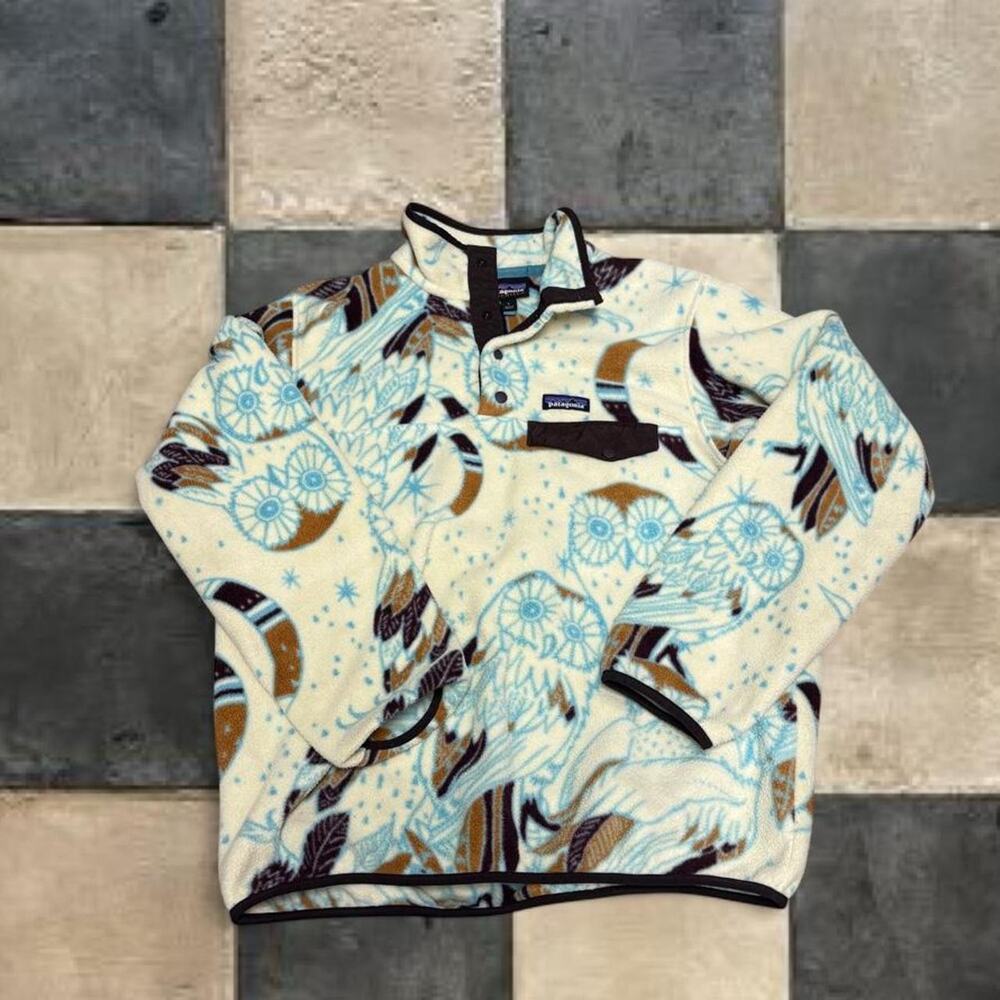PATAGONIA Women’s Synchilla Snap-T Fleece Pullover Owl Print Sz large